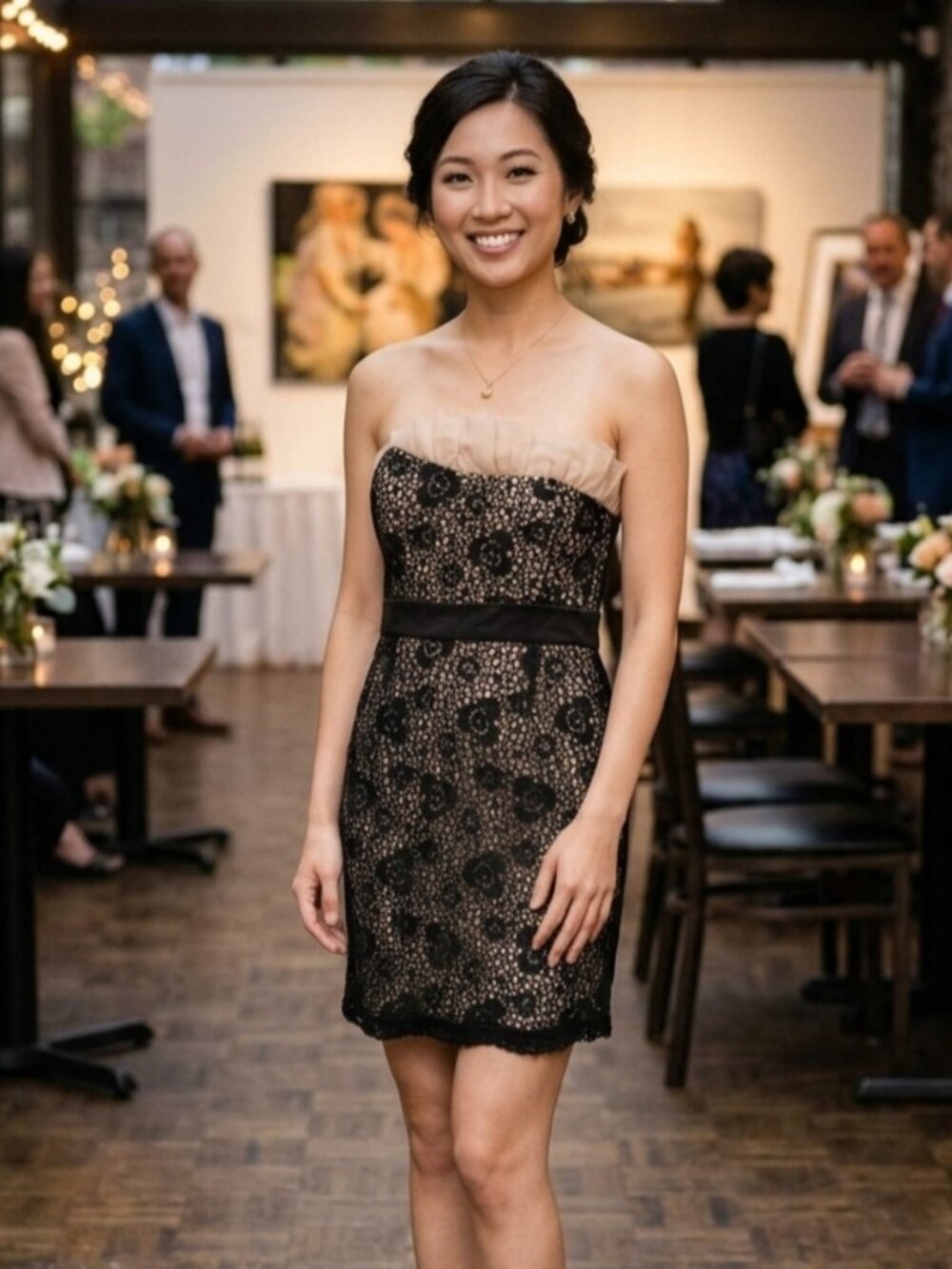 Maude Strapless Lace Overlay Cocktail Dress with Organza Ruffle Trim